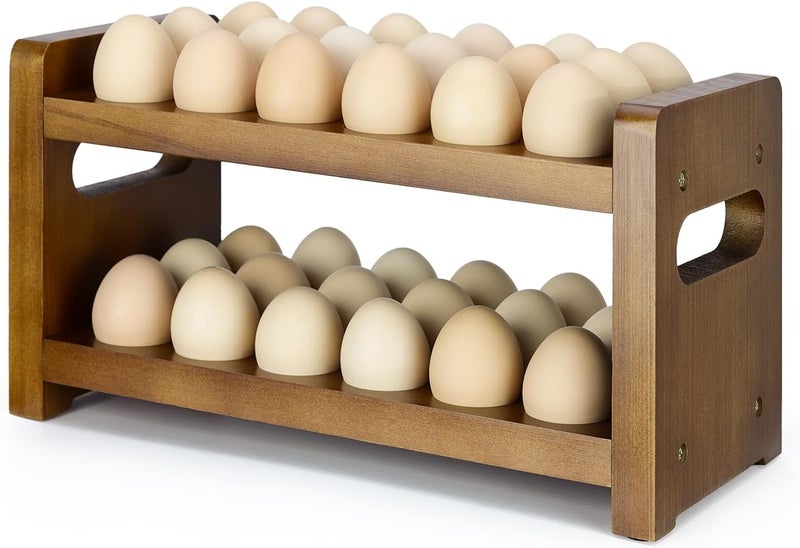 Uibyriy Egg Holder Countertop, 2-Tier Wooden Egg Holder for 36 Eggs, Wooden Countertop with Carry Handle for Chicken, Duck, and Quail Eggs - Image 1